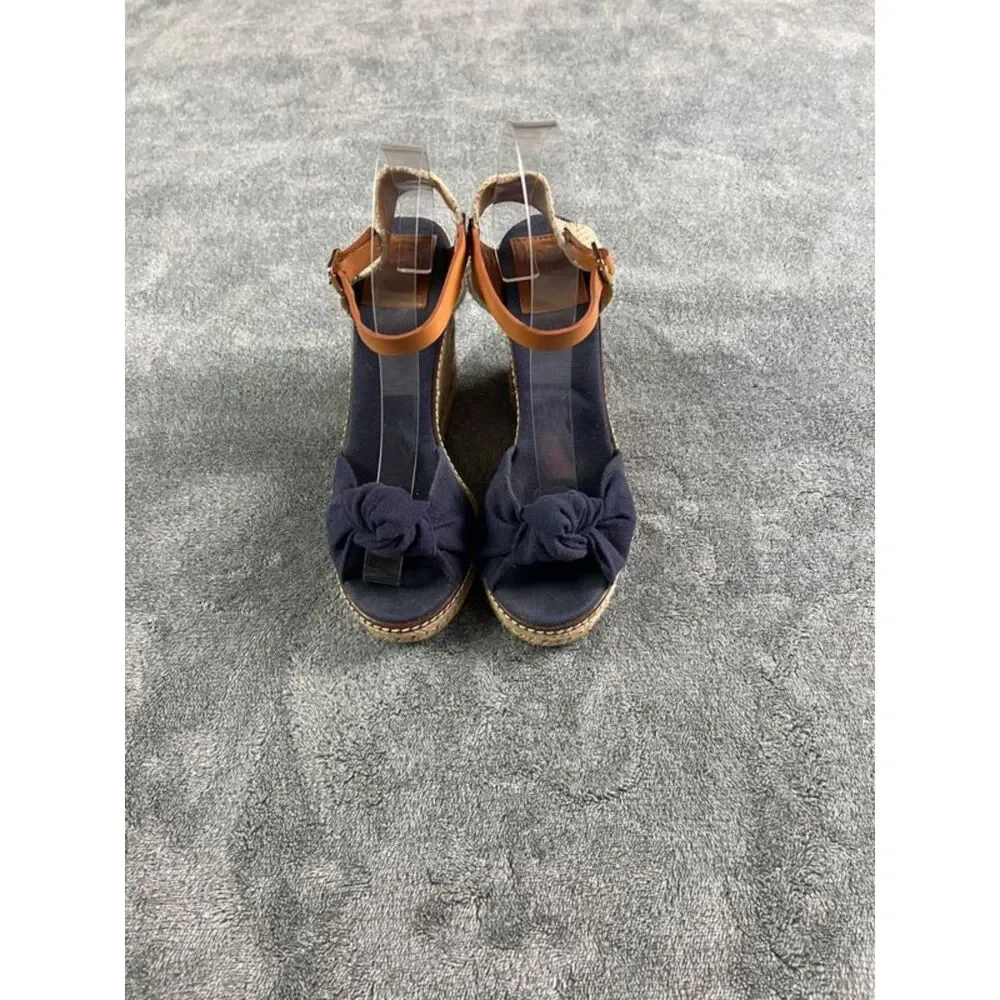 Tory Burch Macy Linen Espadrille Wedge Sandals Sz 7B Blue Twist Knot Ankle Strap